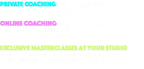 PRIVATE COACHING (prices may vary due to travel) in studio - 30 mins $50 - 60 mins $100 ONLINE COACHING 'COMPETION SOLO' CRITIQUE feedback (MP3 only) $25 per solo Family video call (unlimited solos) 30 mins $50 - 60 Mins $100 EXCLUSIVE MASTERCLASSES at your studio Prices vary depending on amount of students general mimimum of 20 students per workshop